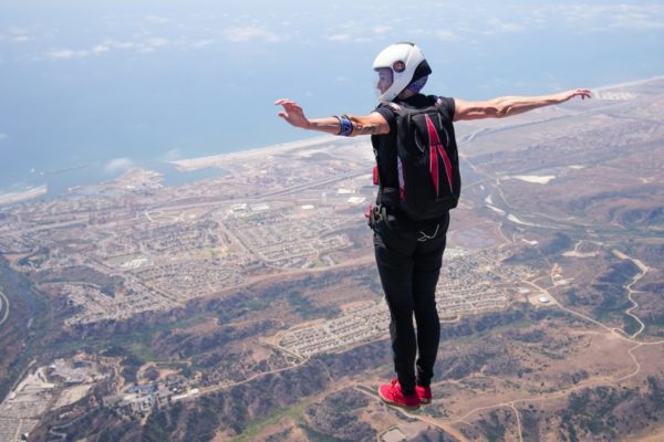 woman in vertical freefall wearing Javelin Odyssey with arms outstretched